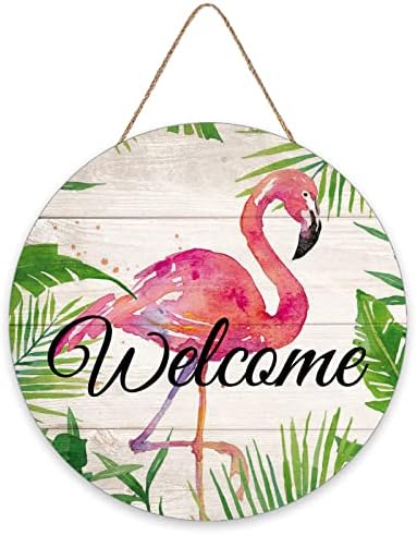 Palmini lišće s ružičastim flamingom, dobrodošli znak ljetne ploče dekor trijema, tropski ljetni znak, znak dobrodošlice na vratima