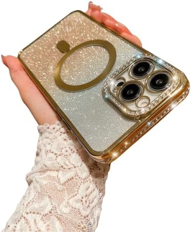 Ytanazing iPhone 14 Pro Max magnetska futrola, luksuzno oblaganje Slatki bling rinestones Diamond meki odbojnik s zaštitnikom kamere