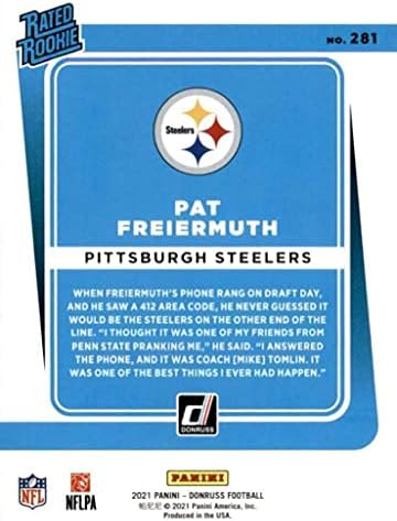 Pat Freeiermuth 2021 Donruss Series Mint Ocijenjena rookie kartica 281 Zamišljajući ga u svom crni Pittsburgh Steelers Jersey