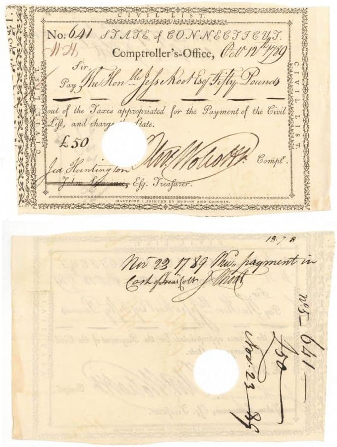 Nalog za plaćanje izdao/potpisao Jesse Root, Jed Huntington i Oliver Volcott Jr. - obveznice Revolucionarnog rata u Connecticutu