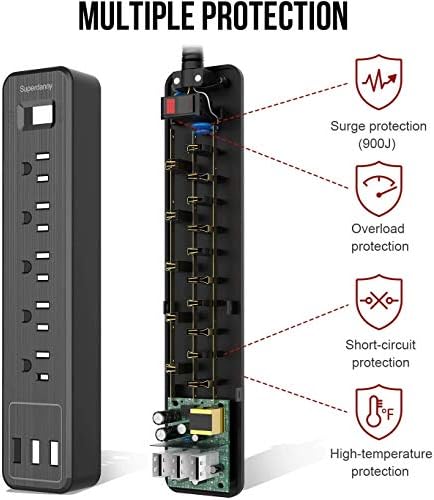 SuperDanny 9,8ft Power Strip USB zaštitnika za montiranje za montiranje višestruka zaštita višestruka zaštita 5 Outlet 3 USB priključak