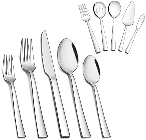 Set pribora za jelo od 65 komada srebrnog posuđa s priborom za posluživanje, četvrtasti pribor za jelo od nehrđajućeg čelika za 12