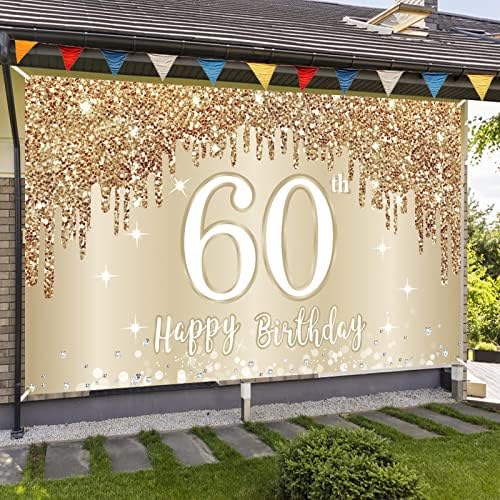 Sretan 60. rođendan, ukrasi za pozadinu bannera za žene, zlatno bijeli znak za 60. rođendan, pribor za zabave, dekor plakata na pozadini