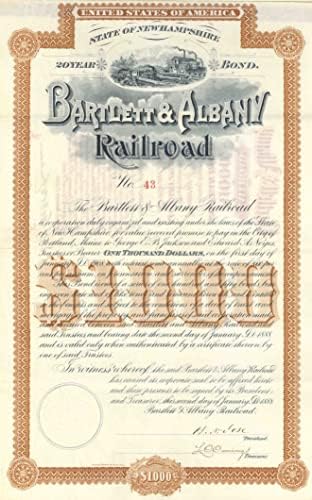 Željeznica Bartlett i Albani-željezničke obveznice u iznosu od 1000 USD uz kamatu od 6% tijekom 20 godina-NH-rijetka država