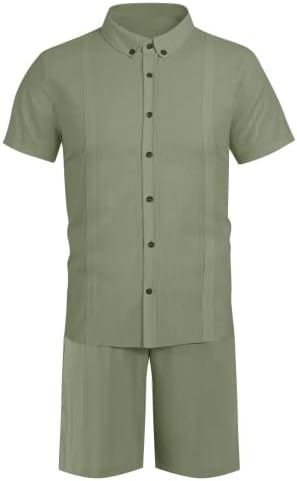 Muškarci 2 komada seta Kubanska lanena odjeća Guayabera majice kratkih rukava casual plaže kratke hlače labave odjeće
