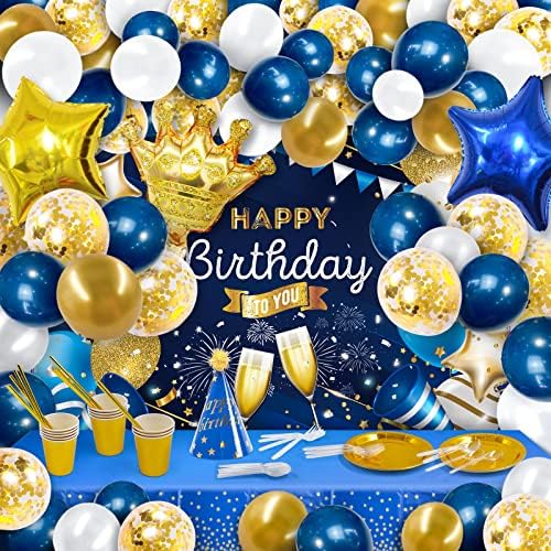 Party mjesto! 125 PCS Navy Blue Gold Dekoracije za rođendan za rođendan 58 PCS pozadina balona, ​​12 seta papirnih ploča, šalica, slamke