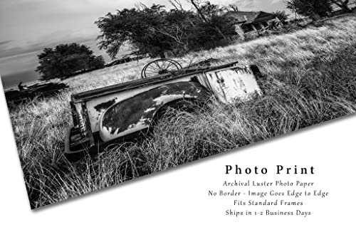 Fotografije za fotografiju crno -bijela slika zahrđalog kreveta i napuštene kuće u Oklahomi rustikalni zidni umjetnički seoski dekor