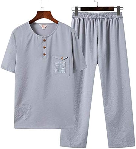 Eukuy muškarci košulje bez ovratnika, hlače, kineski stil odijelo prozračna hladna košulja s kratkim rukavima duge hlače ljetne fitnes