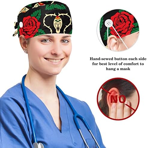 Kirurški kapica Bouffant Caps Radna kapa s gumbima i lukom kose za žene, dugu kosu, šećerne lubanje i ruže