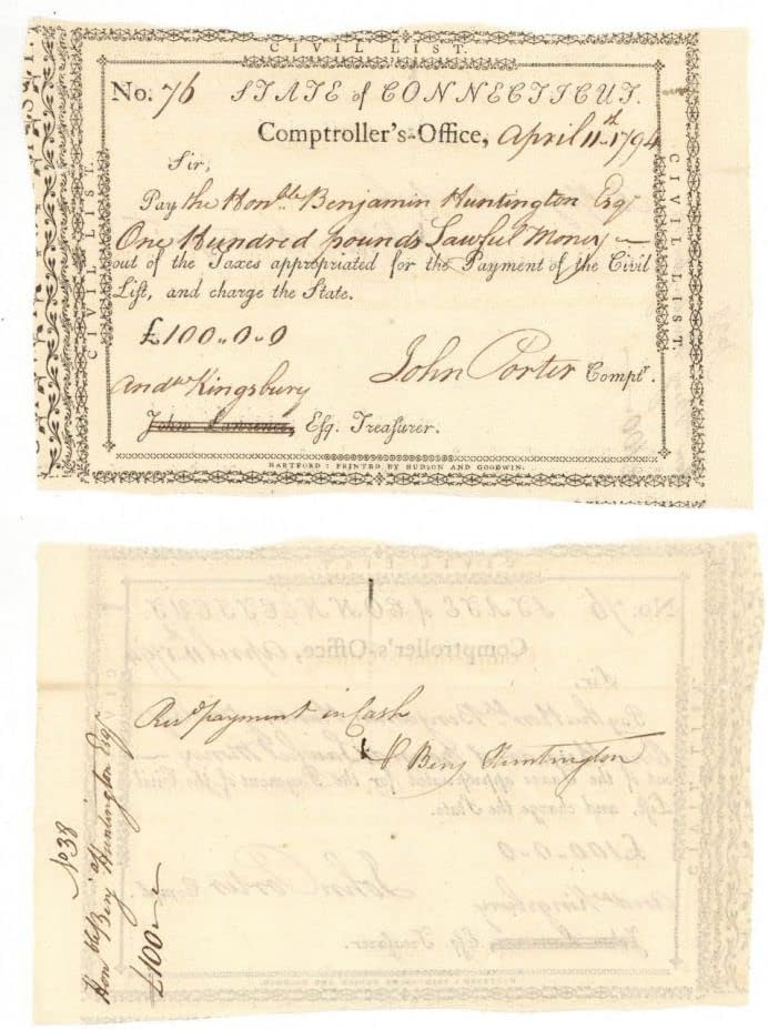 Nalog za plaćanje izdan Benjaminu Huntingtonu i potpisan od njega, Andrije Kingsberie i Johna Portera - obveznice Revolucionarnog rata