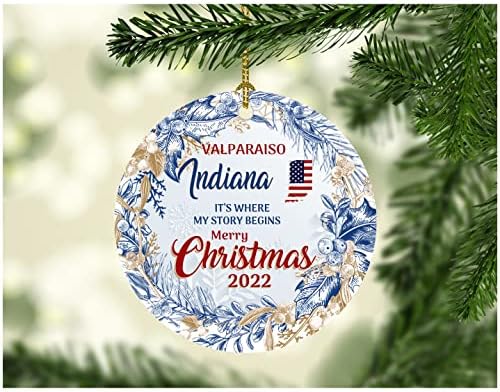 Sretan božićni ukras stablo 2022 Valparaiso Indiana ukrasi tamo započinje moja priča Valparaiso u državnom rodnom gradu u gradu rodni