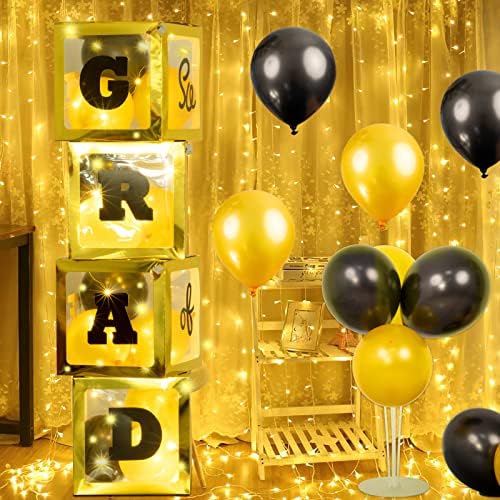 Dekoracija maturalne zabave 2023. crnim zlatom - 4kom zlatnih kutija s balonima tuča, 20kom zlatnih crnih balona, LED svjetla za ukrašavanje