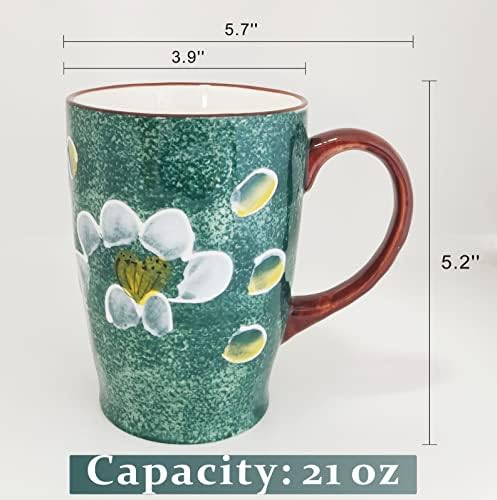 Xusmyzm velika šalica 21 oz keramičke šalice kave Camellia cvjetna ručna obojena, jedinstvena reljefna široka šalica s ručicom 2 komada,