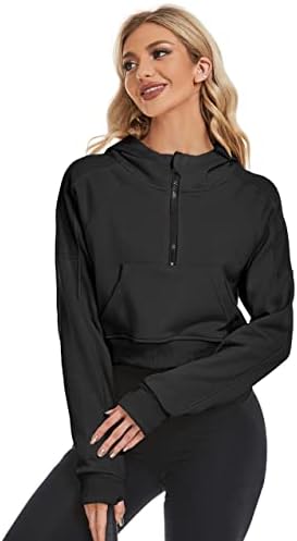 Flygo ženske ošišane kapuljače 1/2 zip up pulover dukserice vrhovi džemperi s rupama palca
