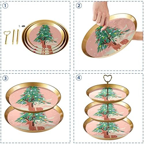 Prikaz za tijesto s 3 slojevita okrugle ladice za posluživanje, ručno crtanje božićnog drvca i držača drveća kule jelena, desertne