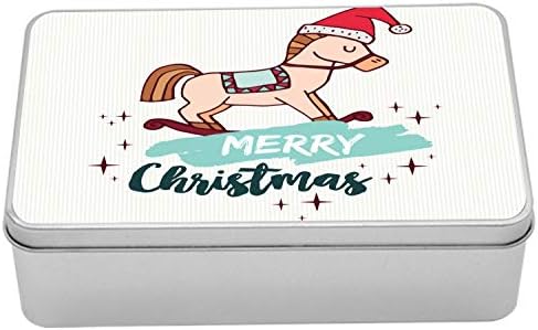Ambsonne božićna limena kutija, drveni konjski crtani film sa šeširom Djeda i Noel tematska slova na tankim prugama, prijenosni pravokutni
