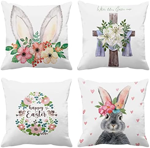 Emventy Set od 4 uskršnje jastuke za bacanje jastuka 18x18 inča ukrasni sivi zec s cvjetnim križnim bijelim proljetnim poliesterskim
