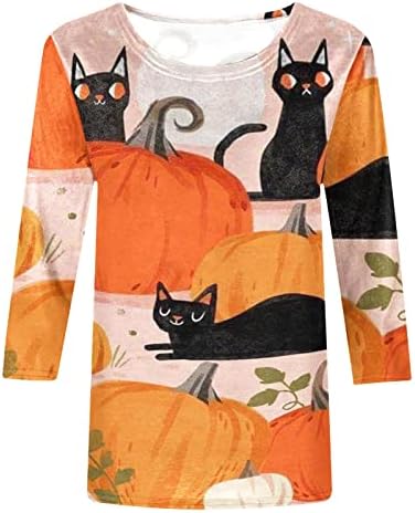 Halloween vrhovi za žene, ženska modna tiskana labava majica srednje duljine 3/4 rukava bluza okrugli vrat casual vrhovi