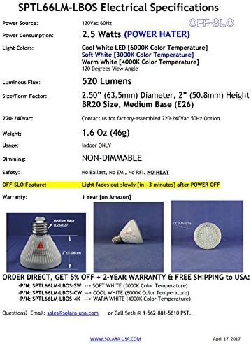 Solara -USA off -SLO LED žarulja - BR20 - Srednja baza - hladna bijela - 2,5 promjer 2 visina 500 lumena 2,5 vata - ne -dim -able.