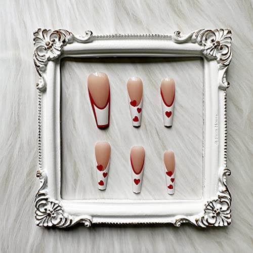 24 kom francuski savjet za lijepljenje noktiju dugi lažni nokti u obliku lijesa za Valentinovo s crvenim srcem lažni nokti s uzorkom