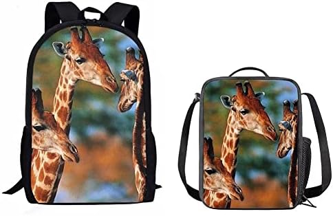Set od 2 školske torbe s printom žirafe za dječake i djevojčice prijenosni ruksak za osnovnu školu s termalnim držačem za ručak višenamjenski