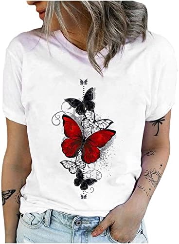 Ženska ljetna majica Slatka leptir print Graphic Loose Tees Posada kratka rukava kratki rukavi casual vrhovi srca cvjetna bluza