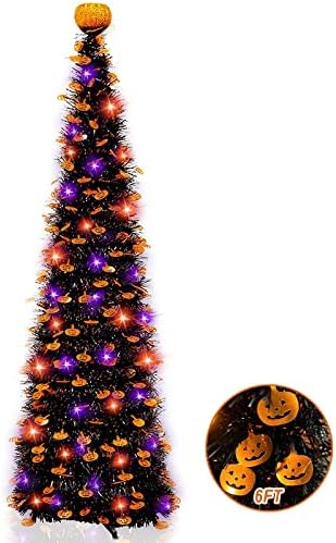 6 ft 60 LED TINSEL Halloween Dekor drveća s narančastim i ljubičastim svjetlima Timer Crni limenki božićno drvce Šiščasti baterije