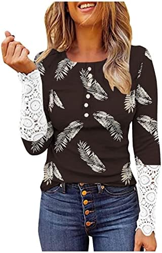 Huandd ženska dukvica čipka duga rupa rupa traka vitki okrugli vrat gumb za print majica pulover majica slatka odjeća
