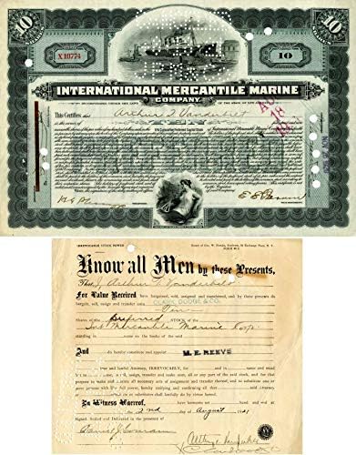 Međunarodna trgovačka pomorska tvrtka koju je potpisao Arthur T. Vanderbilt, a koja je izradila certifikat za dionice Titanica.