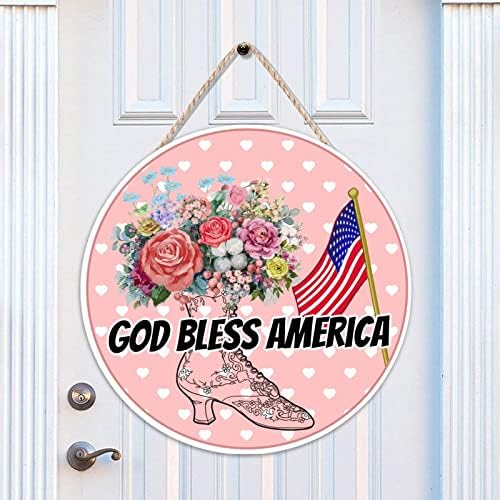 Mesllings Personalizirani retro natpis na drvenim vratima, Bog blagoslovio Ameriku na znaku za okrugle vrata, 18 x 18 Slatki znak za