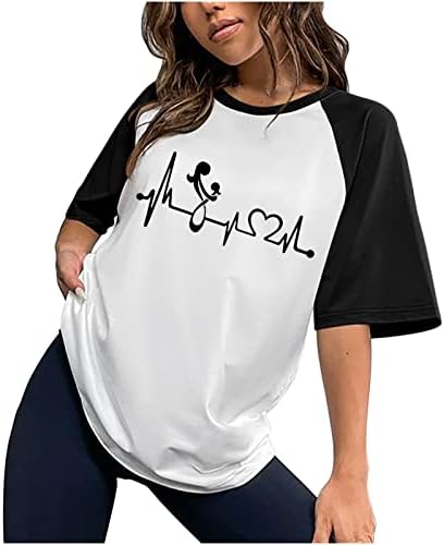 Ženske majice posada vrat labava fit boja blok 2023 povremena modna ljetna bluza s kratkim rukavima Majčin dan tiskani vrhovi