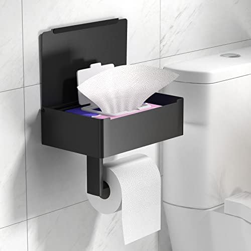 Držač toaletnog papira s policom, maramicama za dozator i skladištenje, nehrđajući čelik, zidni ugrađeni, mat crna, nadograđeni toaletni