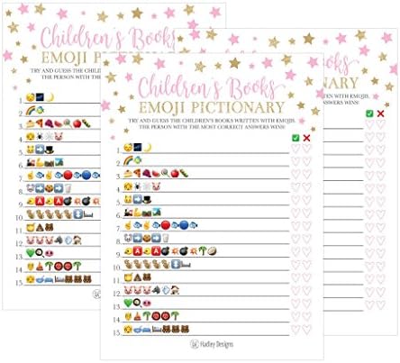 25 ružičastih emoji dječjih knjiga Pictionary Baby Shower Game Party Ideas za kviz djevojku, djecu, muškarce, žene i parove, slatka