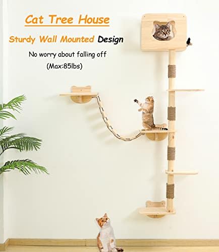 Zidna kućica za mačke na drvetu i zidne police i grgeči za mačke u kompletu s kućnim namještajem za mačke