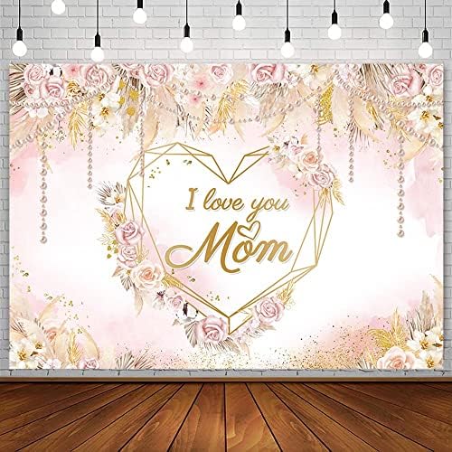 Pozadina boho Sretan Majčin dan, Volim te, mama, najbolja mama ikad, ukrasi za zabave, rumenilo, ružičasti cvijet, biseri, pozadina