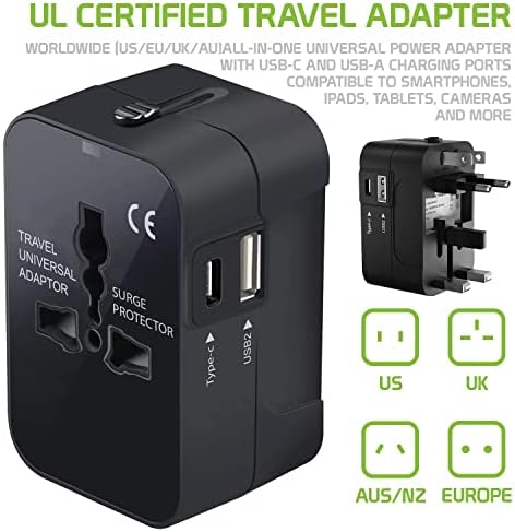 Travel USB Plus International Power Adapter kompatibilan s HTC 801S za svjetsku energiju za 3 uređaja USB Typec, USB-A za putovanje