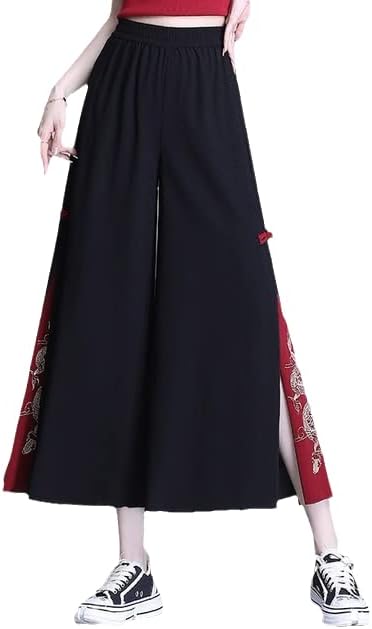 UKTZFBCTW Kineski stil Ženski ljetni šifon Hippie Etnički labavi crni vez široke noge hlače Kimonos hlače Color4 XS
