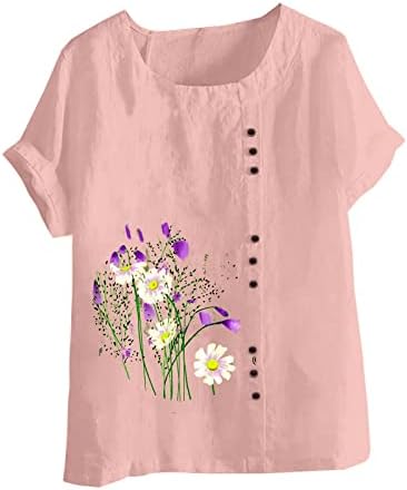 Teen djevojke casual bluza kratki rukavi vrhovi majice Crewneck Linen Daisy Poppy Floral Print Prevelidimen -Bluza lu