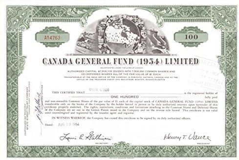 Kanadski opći fond iz 1954. - potvrda o dionicama