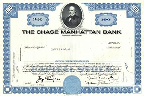 Potvrda o dionicama banke Chase Manhattan s osobnim potpisom Davida Rockefellera