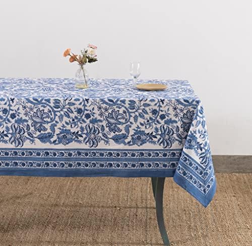 Labhanshi Indijski blok za ispis stolnjak, cvjetni pamučni poklopac, plavi jaipur stolnjak, pravokutnik stol krpa Boho stolnjak s stol